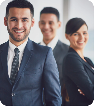 a human with beard laughing acting like businessman with two people behind, lol